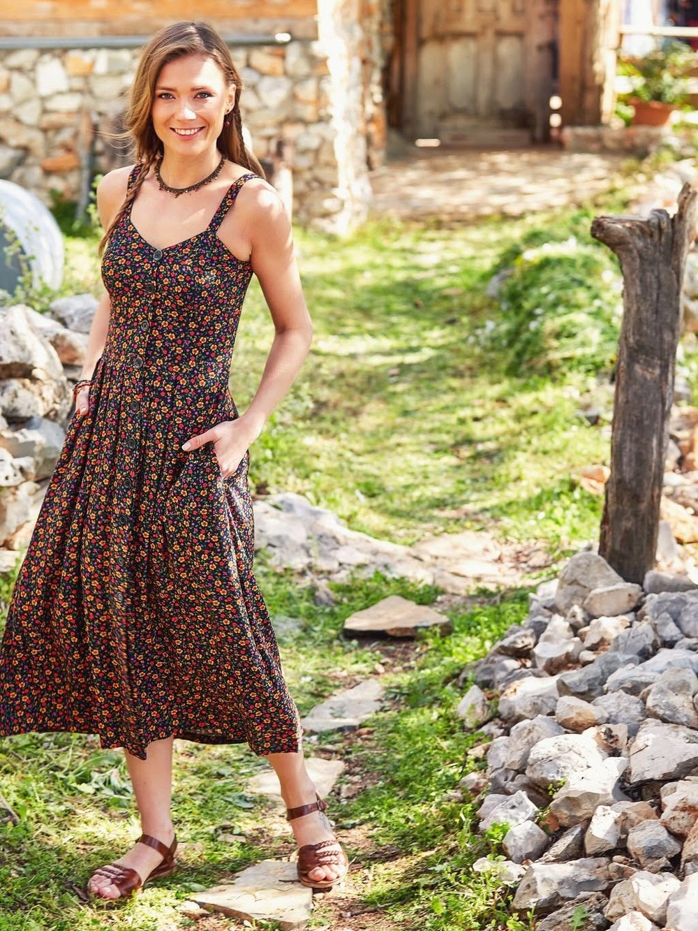 Women's Black Floral Midi Dress with Pockets - Sleeveless